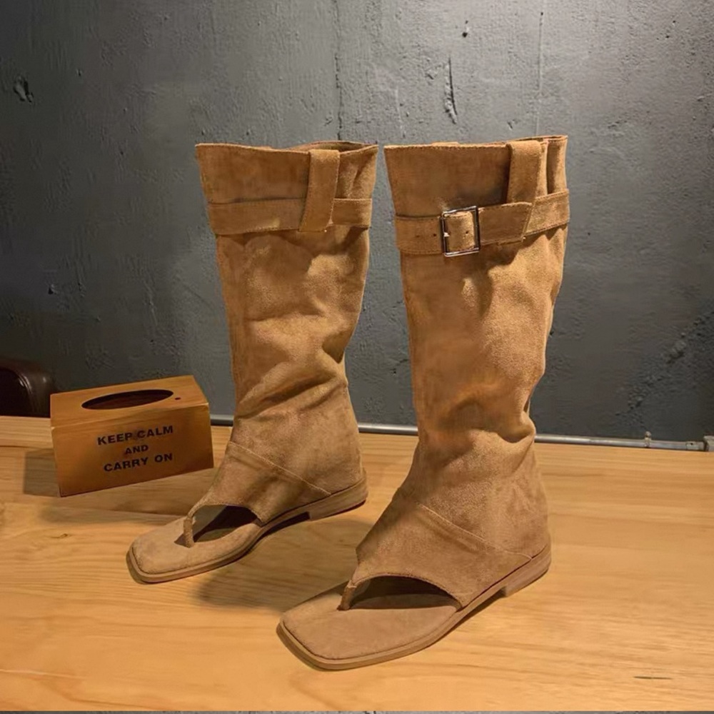 Tan Women's Buckle Strap Two Way thong Boots